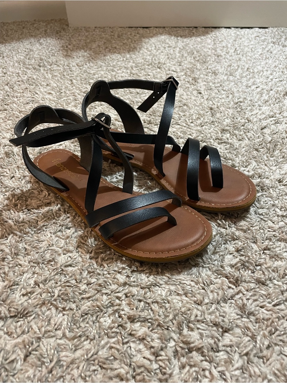 Francesca's Collections Black Strappy Ankle-Tie Sandals with Brown Footbed